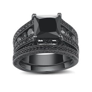 ¥ NEW 18K BLACK SAPPHIRE STERLING SILVER RING